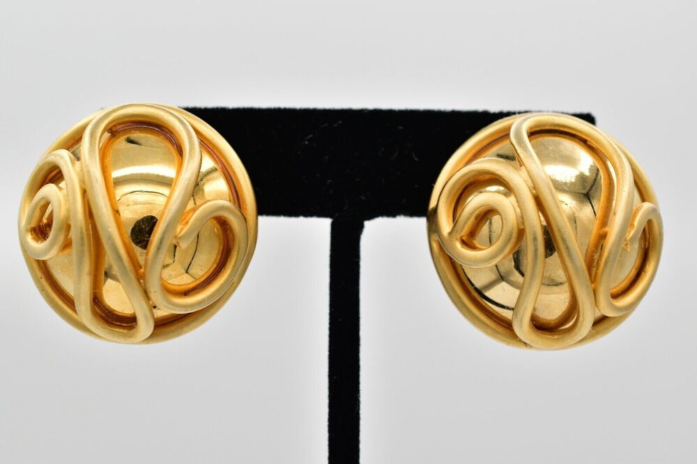 Norma Jean Vintage Clip Earrings Brushed Gold Round Chunky Ectruscan Signed BinW